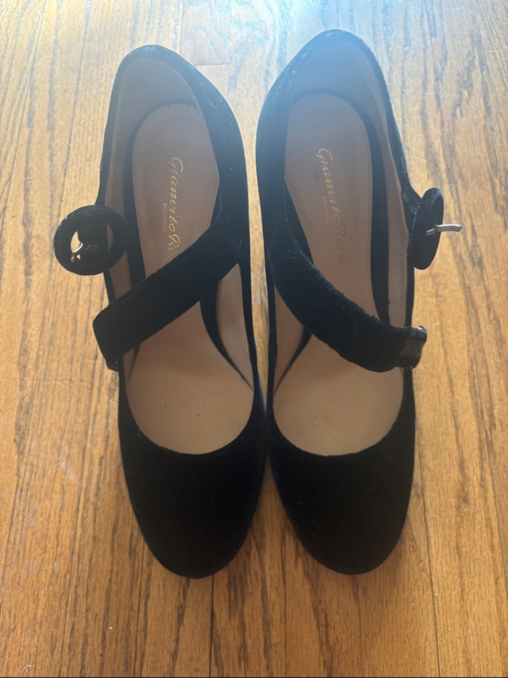 Gianvito Rossi Black Velvet Mary Jane Heels with Round Buckle